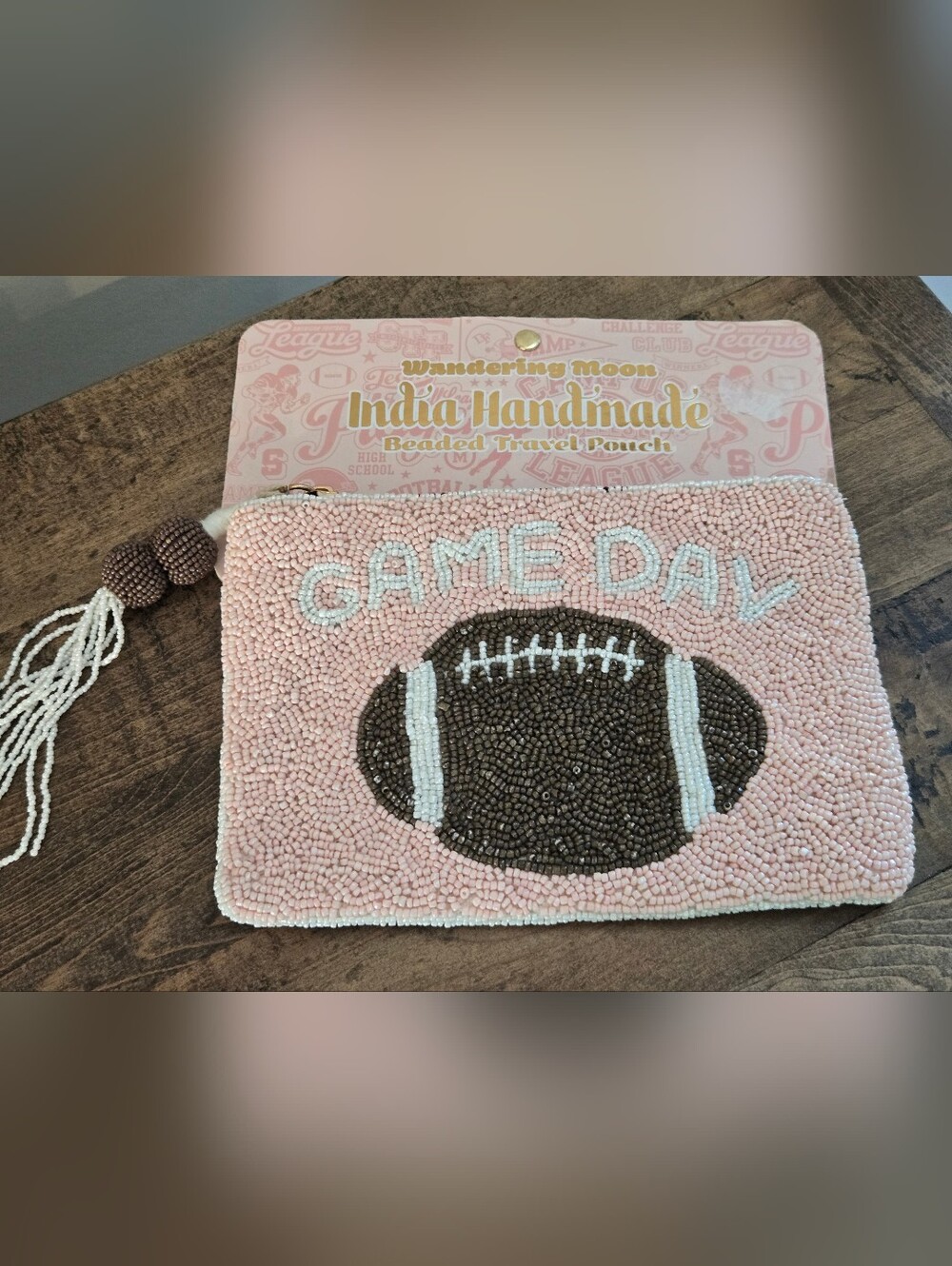 India Handmade Wandering Moon Beaded Travel Bag Football Pink Game Day Viral